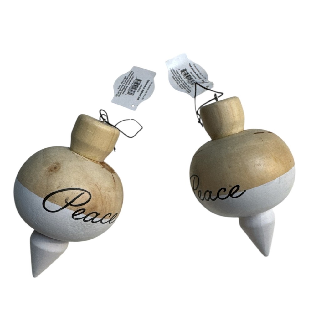 Brand New Onion Shaped Wooden Christmas Ornament Display 'Peace' In Cursive
